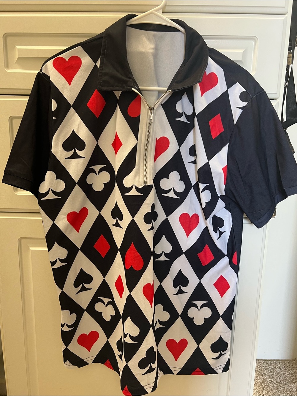 Playing Card Print Zip Polo Shirt - Black, White & Red
